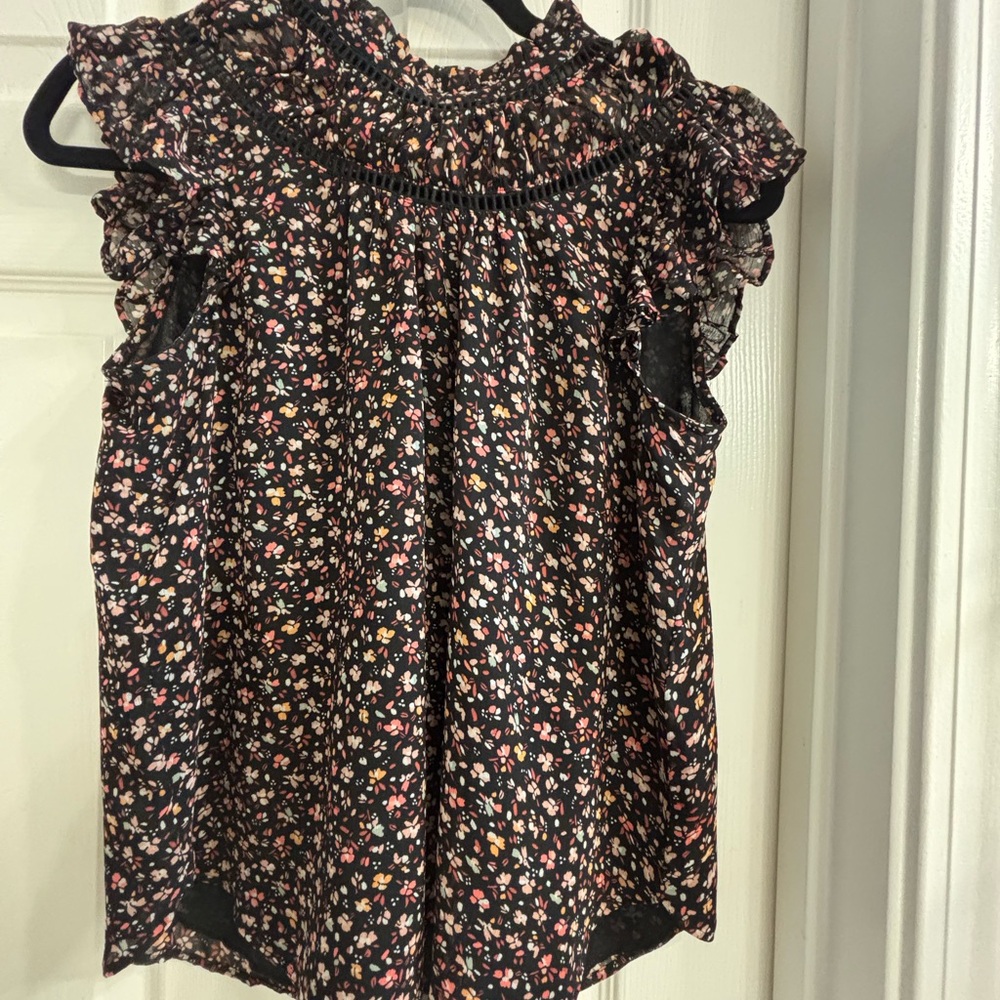 LOFT Floral Ruffle Blouse - Black and Pink